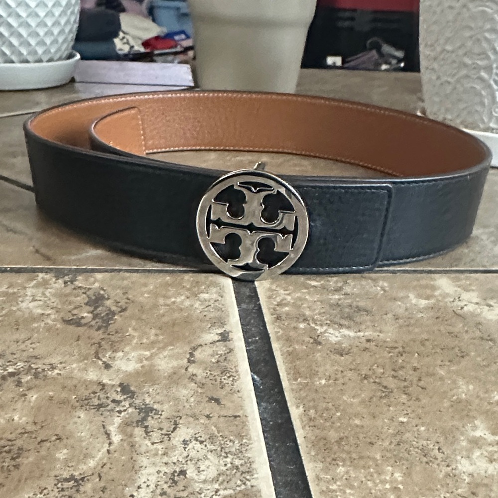 Tory Burch Black Leather Belt with Silver Logo Buckle
